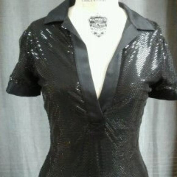 RICHARD TYLER Vintage 1990's Little Black Dress Sexy Sheer Sequin Cocktail Dress - Picture 3 of 10